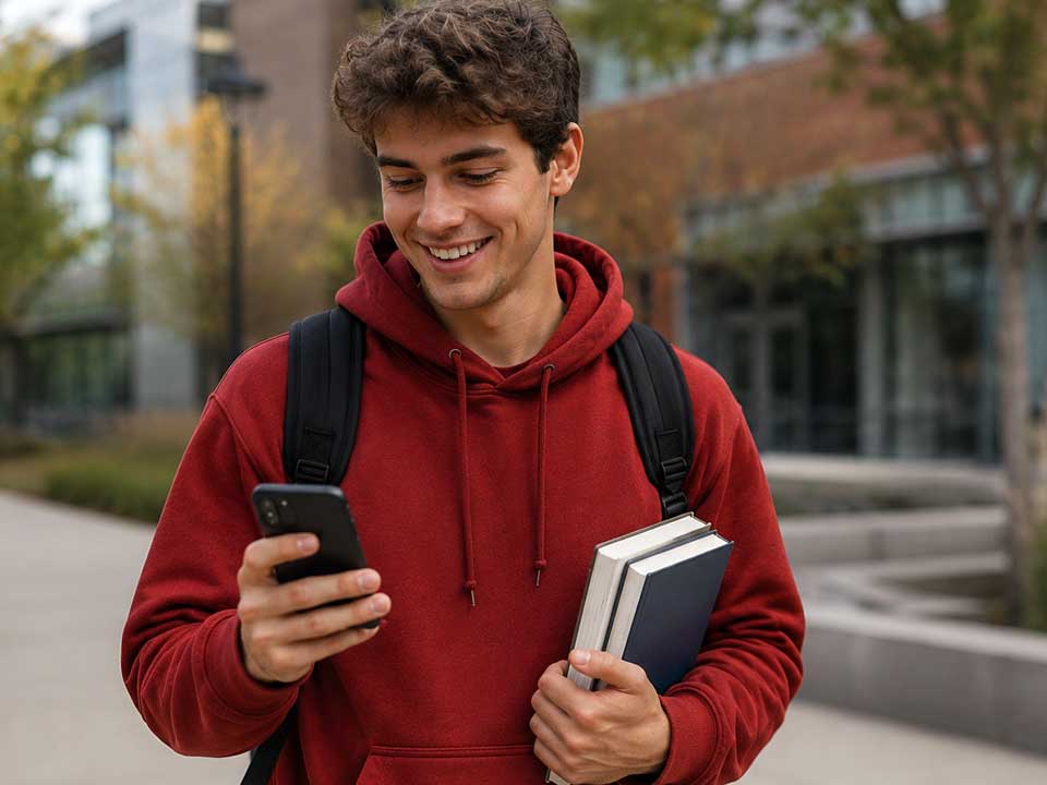 student looking at alerts on mobile phone