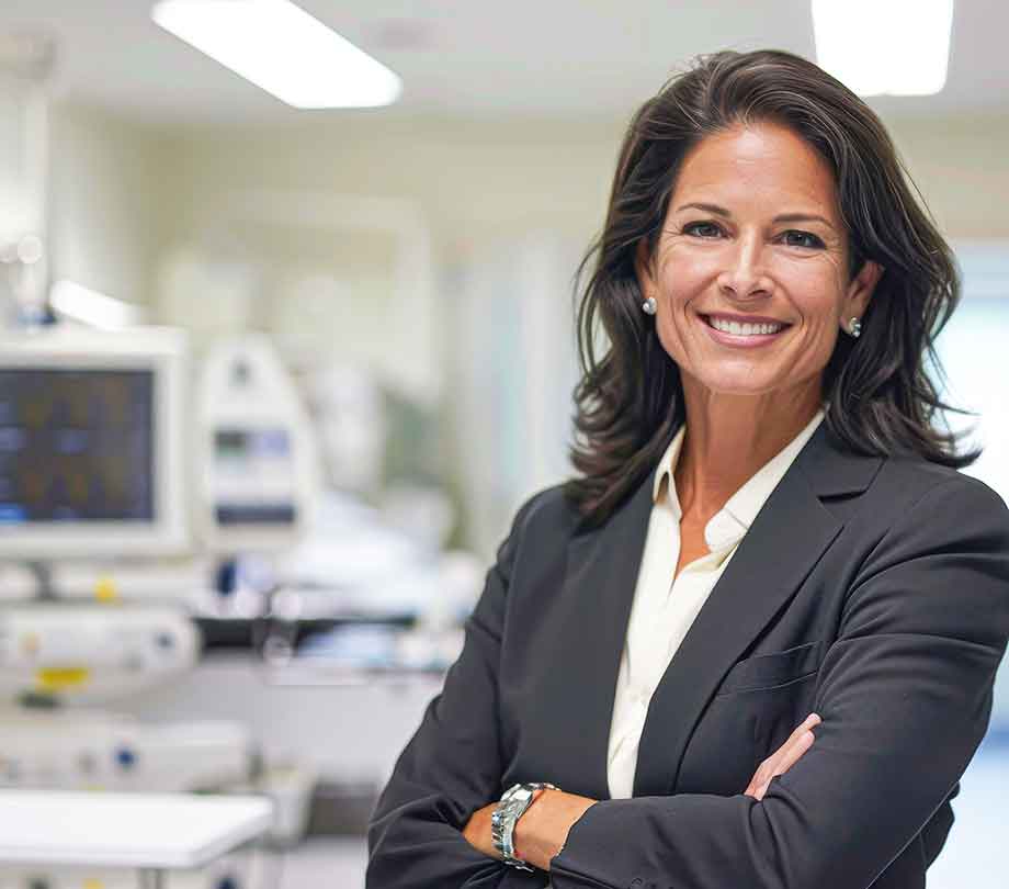 female executive healthcare leader standing in an operating room