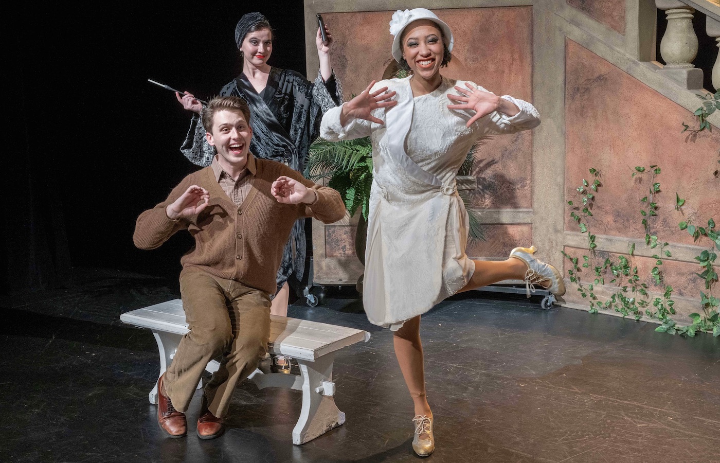 (From left) Christian Tuffy as Man in Chair, Abigail Vernon as The Drowsy Chaperone, and Gabrielle Moseley as Janet Van De Graaff in Act 1’s production of “The Drowsy Chaperone.” Photo by Jack Lerch.