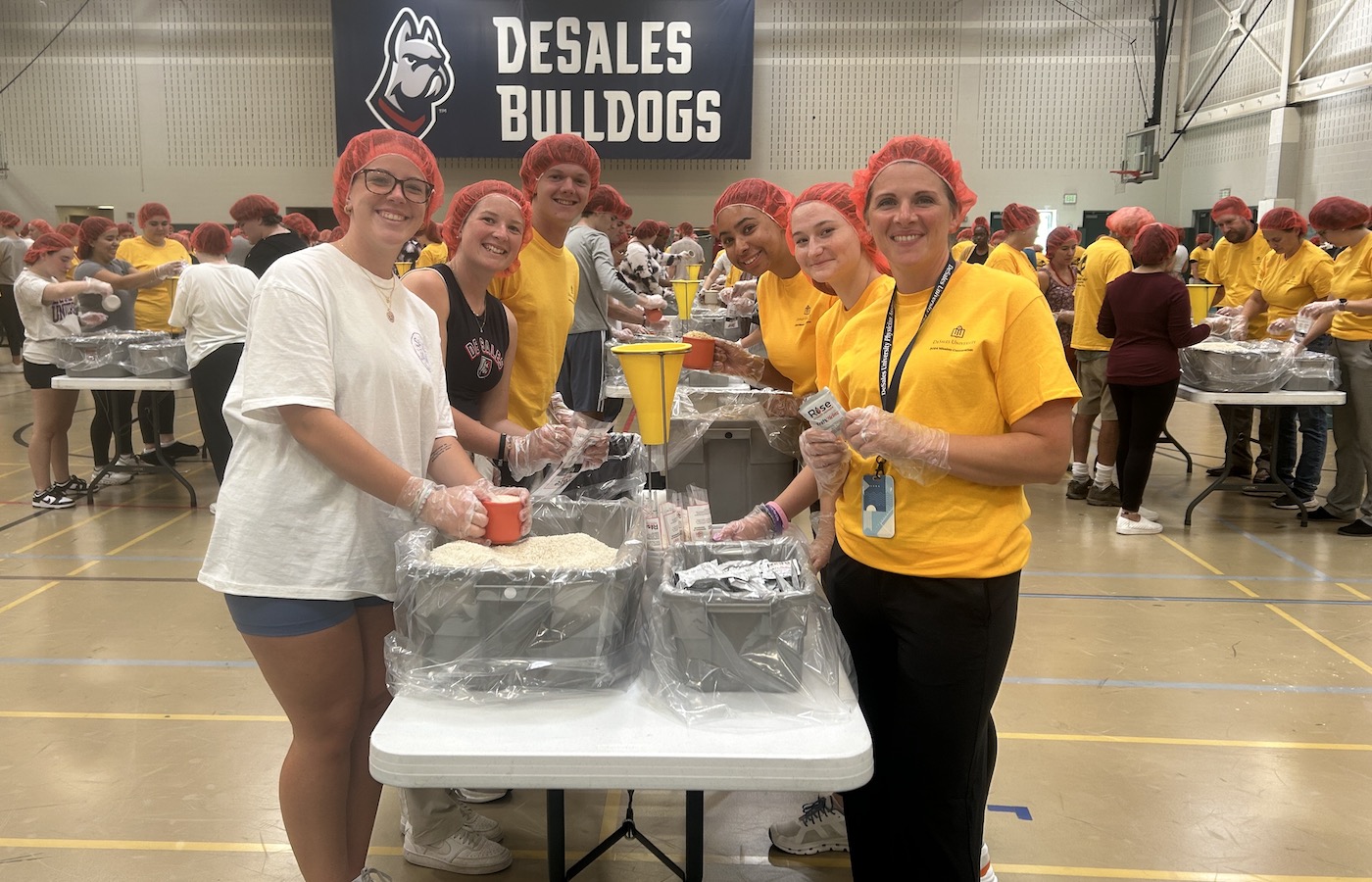 Students filling rice bags